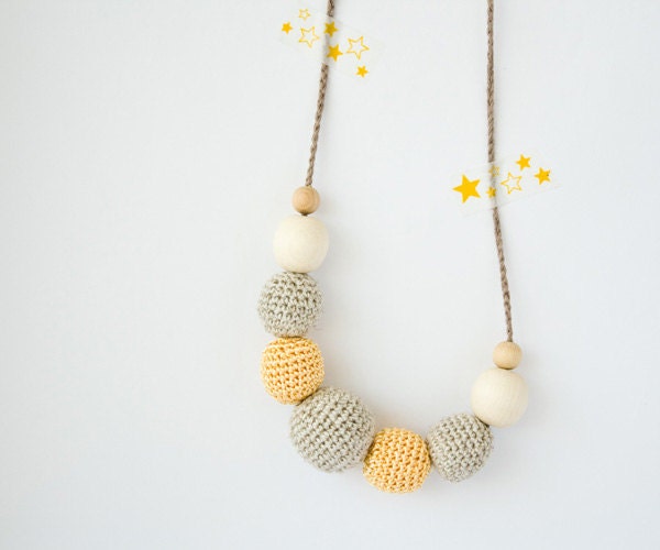 Golden Stars - Petite Flax and Viscose Nursing / Babywearing Necklace for mom to wear, crochet teether