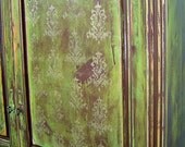 VINTAGE ARMIORE CABINET Painted Green Brown Distressed Gold Demask Provincial Rustic Primitive