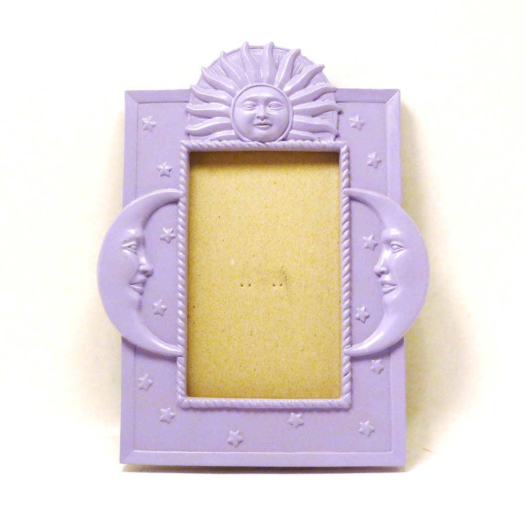 celestial picture frame, lilac, lavender, purple, sun, moon, stars, upcycled frames, painted clay frame, pastels, kids decor, pretty decor