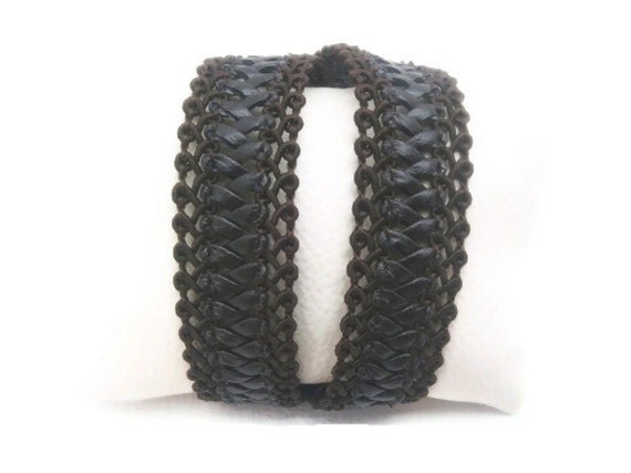Free Shipping.. OOAK..boho. goth, Brown leather crochet long bracelet,
