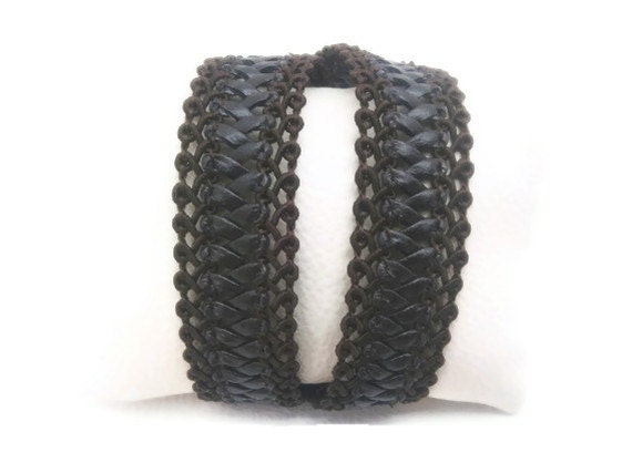 Free Shipping.. OOAK..boho. goth, Brown leather crochet long bracelet,