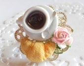 Breakfast time ring - Coffee and croissant - handmade miniature polymer clay food jewelry