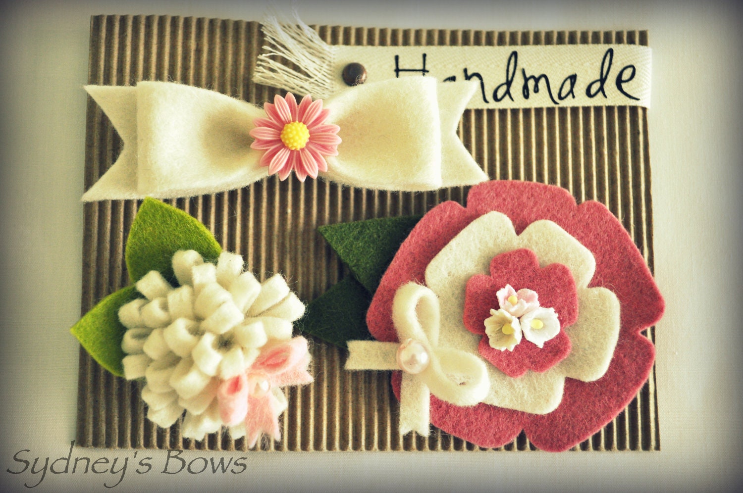 Felt Hair Clips Set -- Flower, loopy bloom, bow hair clips