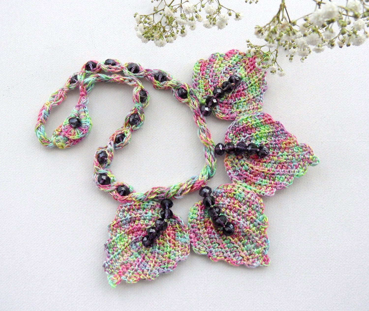 Crochet Necklace and Earrings Leaves Set