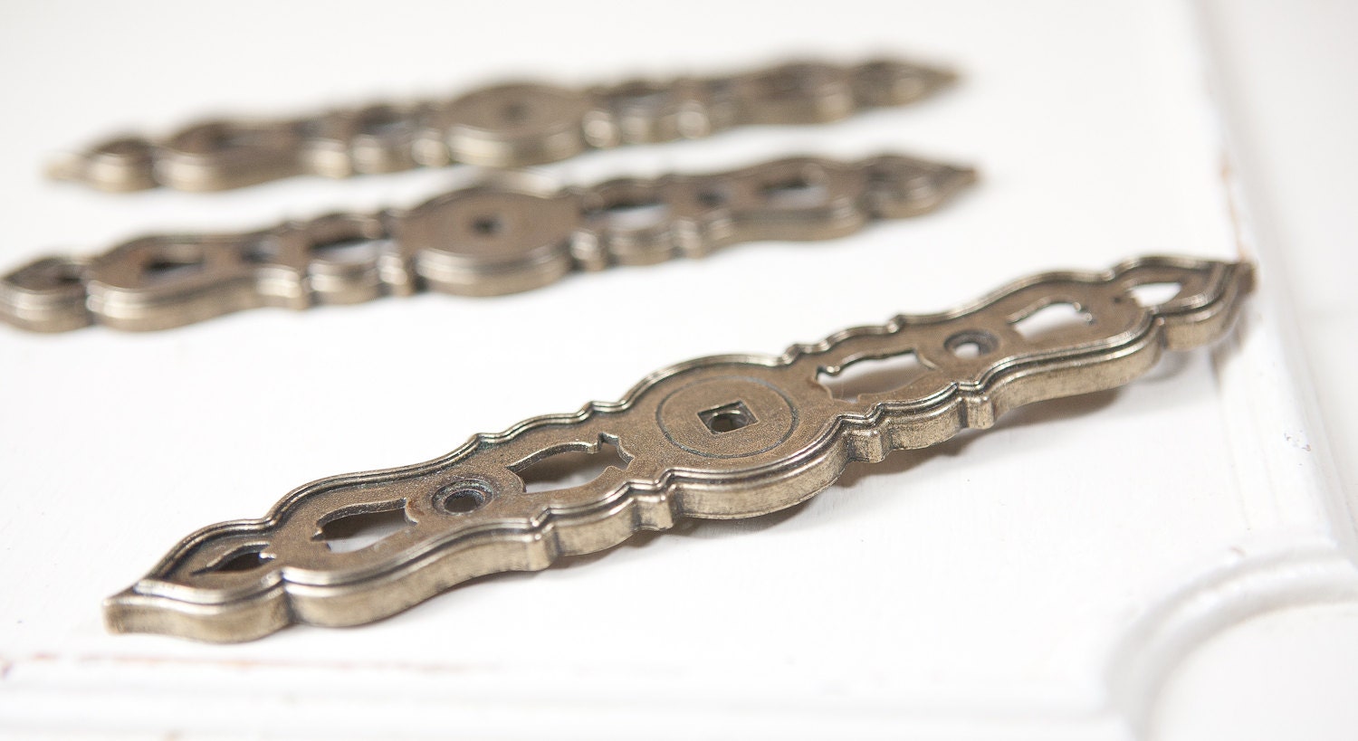 Vintage Antiqued Brass Hardware, Scallop Pattern, Mounting Plates for cabinets and Furniture (set of 3).