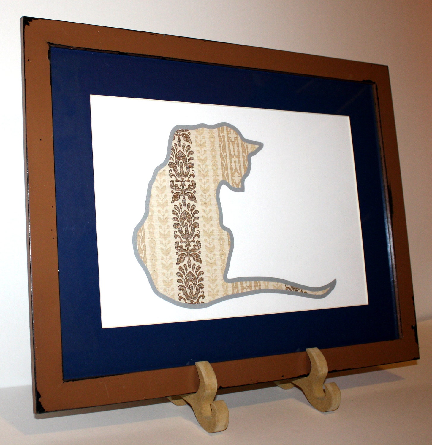 FREE SHIPPING // Cat Print in 12 x 16 Distressed Narrow Adobe Brown Frame // Picture // Neutral Floral Motif // OOAK