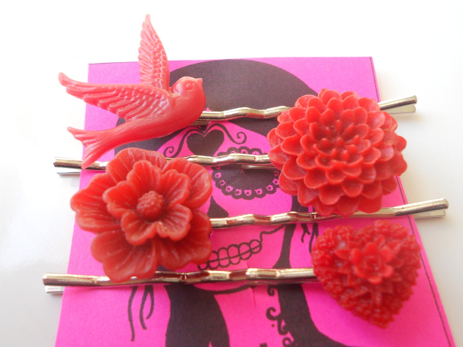 Set of 4 Red Flowers and Swallow Hair Barrettes Flower Bobby Pins
