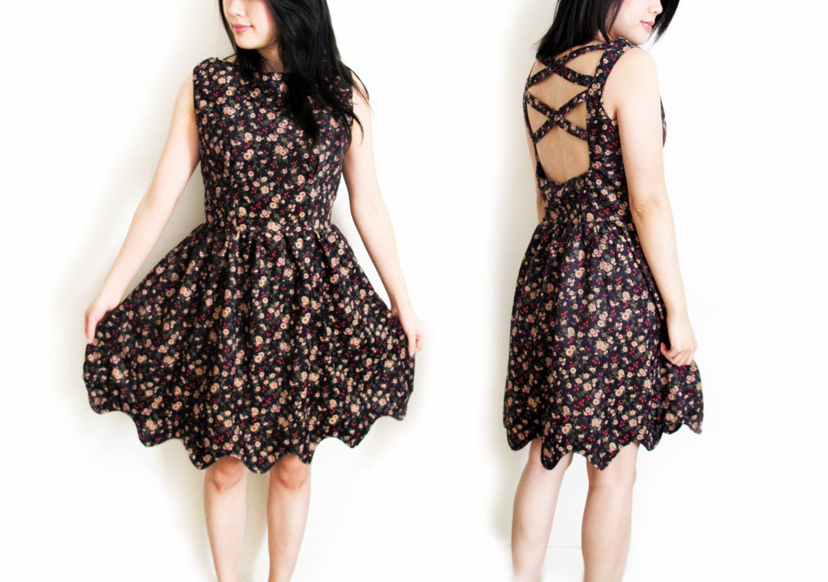 SALE Handmade Black Dress Criss Cross Back Floral Scallop Hem