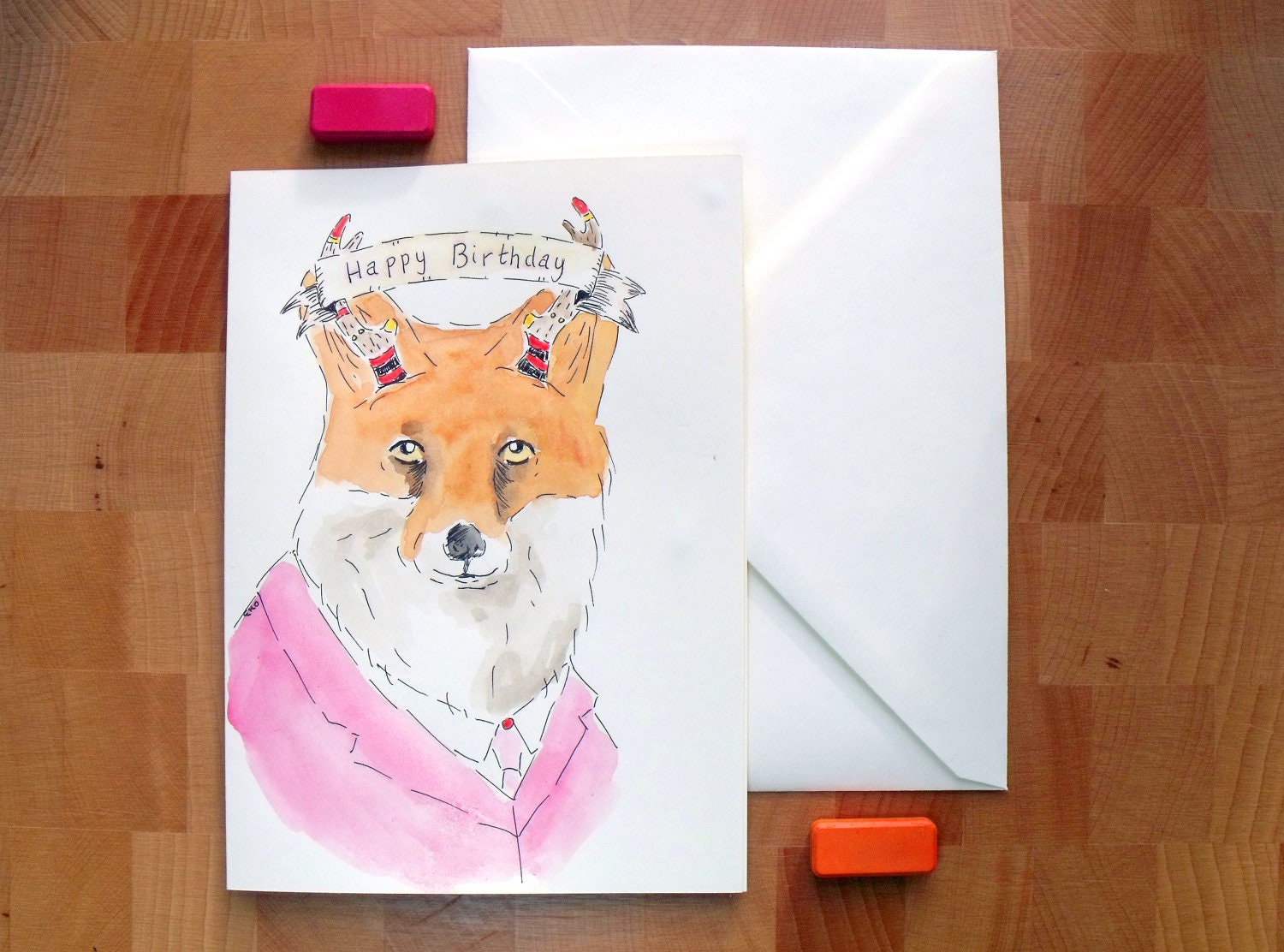 Hand Drawn Animal Birthday Card - Fox with Painted Antlers - Handmade Card