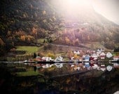 Fall Norway Photo-Autumn mountain range-Pastel Houses Reflecting Fjord-Fine Art Photography- 8x10