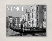 Venice Postcard Photography- Italy Gondola Ride-Black and White Typography-Vintage Style Art Deco Print