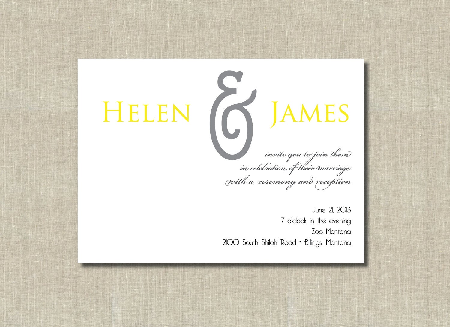 Simple Yellow and Grey Ampersand Printable Wedding/ Commitment Ceremony Invitation - Custom Color