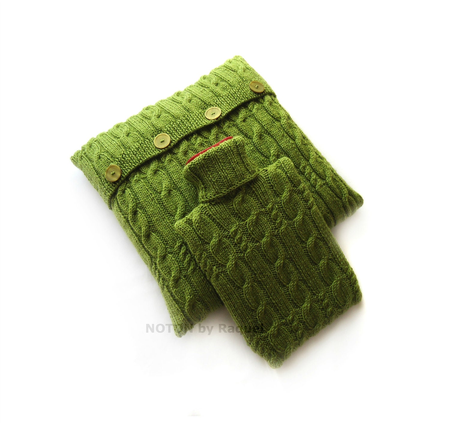 Green Knit Pillow and Hot-water Bottle Cover Set, handknit hottie cozy, handmade pillow case, houseware covers set