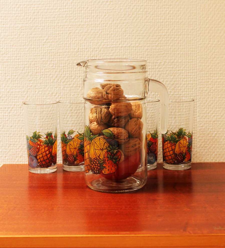 Vintage Glass Pitcher and 5 Orange Juice Glasses - by Avir