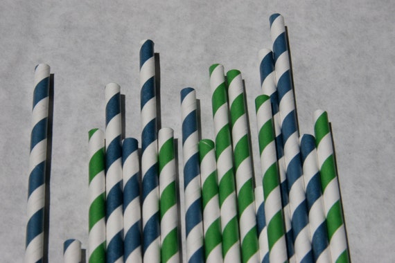 100 Paper Straws in Navy Blue and Green, Pack of 100 Il_570xn