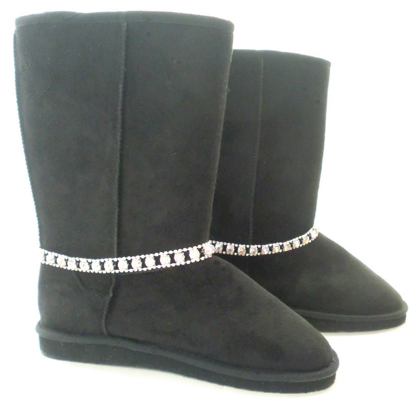 AB and clear crystal silver Ugg style fur lined boot ankle bracelets set of 2