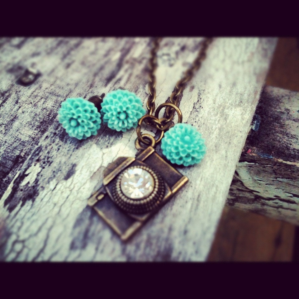 Earrings that Match the camera necklace teal mum earrings 