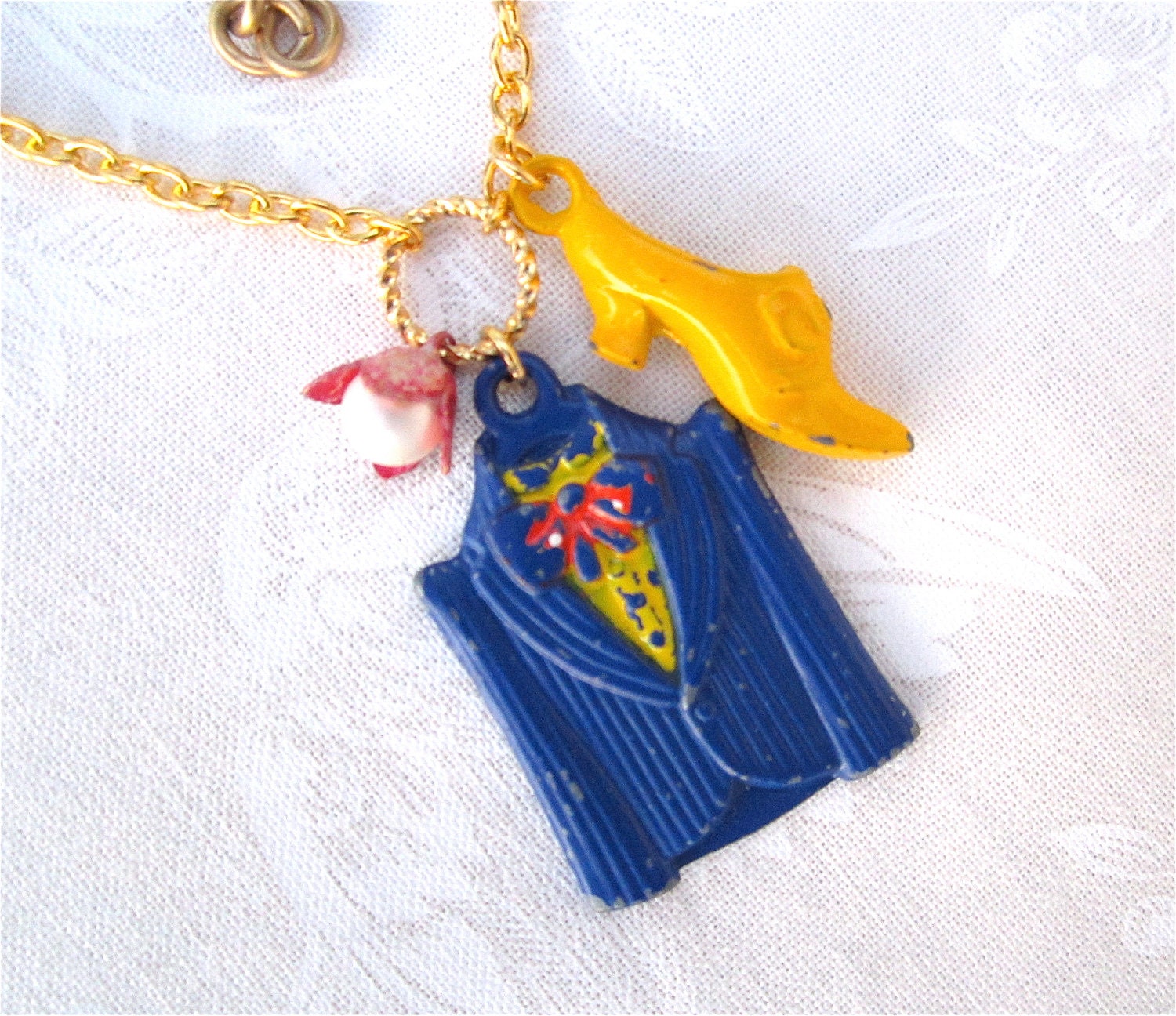 Vintage Kids Charm Necklace Stocking Stuffer Yellow Shoe Blue Jacket Shabby Chic Girl Flower Gold Crack Jack Car - Working Woman