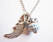Owl Necklace Silver, Owl Pendant, Owl Jewelry, Feather Necklace, Owl Bead, Lovely Owl Necklace, handmade necklace, owl pendant, ceramic owl