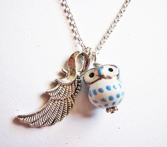 Owl Necklace Silver, Owl Pendant, Owl Jewelry, Feather Necklace, Owl Bead, Lovely Owl Necklace, handmade necklace, owl pendant, ceramic owl