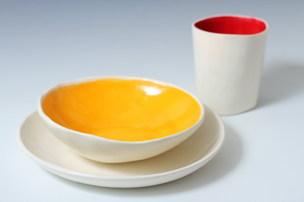 Bright Orange and White Pottery Bowl 7 inches - Ceramic The Perfect Snack, Ice Cream and Salad Bowl