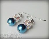 Teal Blue Pearl and Crystal Rhinestones Ball Silver Drop Earrings Something Blue Bridal Party Bridesmaid Jewelry E003