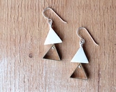 Geometric Pearl & Brass Triangle Dangle Earrings / white mother of pearl, brass triangle charm, sterling silver / modern everyday jewelry