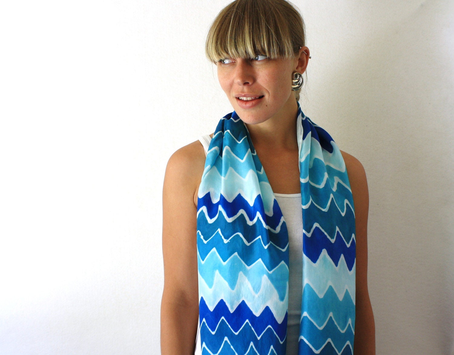 Blue Silk Scarf - Chevron Scarf - Hand Painted Silk Scarf - Summer Fashion
