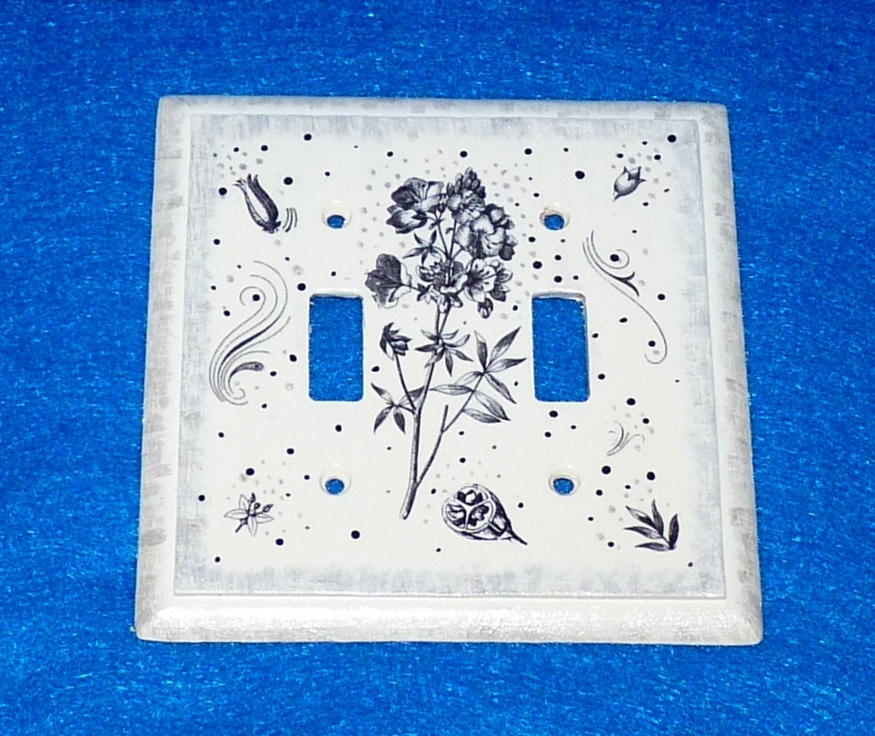 Hand Painted Black & White Floral Light Switch COVER Double Wood Light Switch Plate Victorian Hand Crafted