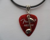 Real Fender guitar pick necklace with music note charm and adjustable chain. - absolutemarket
