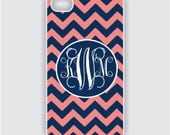 Rubber iPhone 4 Case - Navy Blue / Coral Chevron with Monogram - iPhone Case, iPhone 4 Cover, Monogram iPhone Case