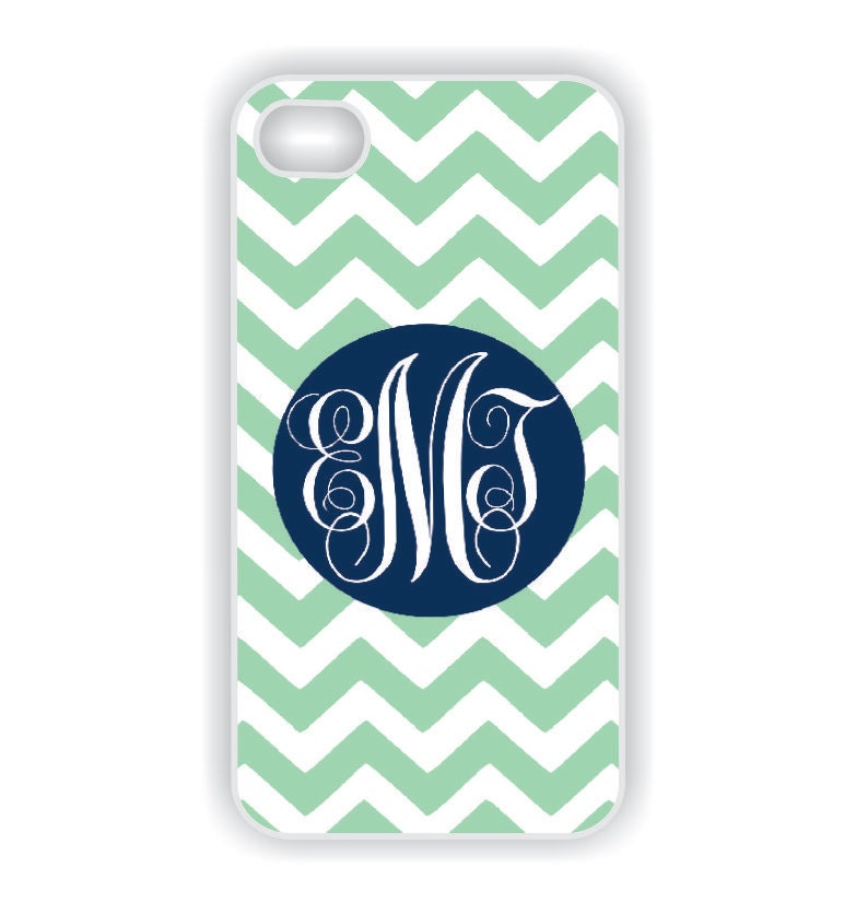 RUBBER Monogram iPhone 5 Case - Mint Chevron / Navy Blue Monogram- iPhone Case, Monogram iPhone Case, iPhone 5 Case (iM3039) IPHONE 5