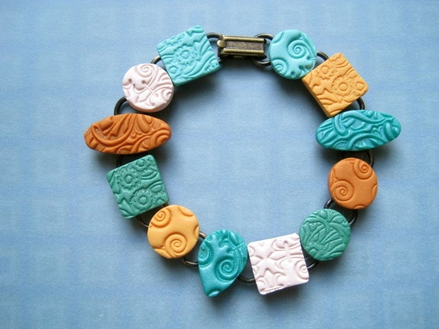 Stamped Polymer Clay Bracelet - Honey Aqua Texture Tiles
