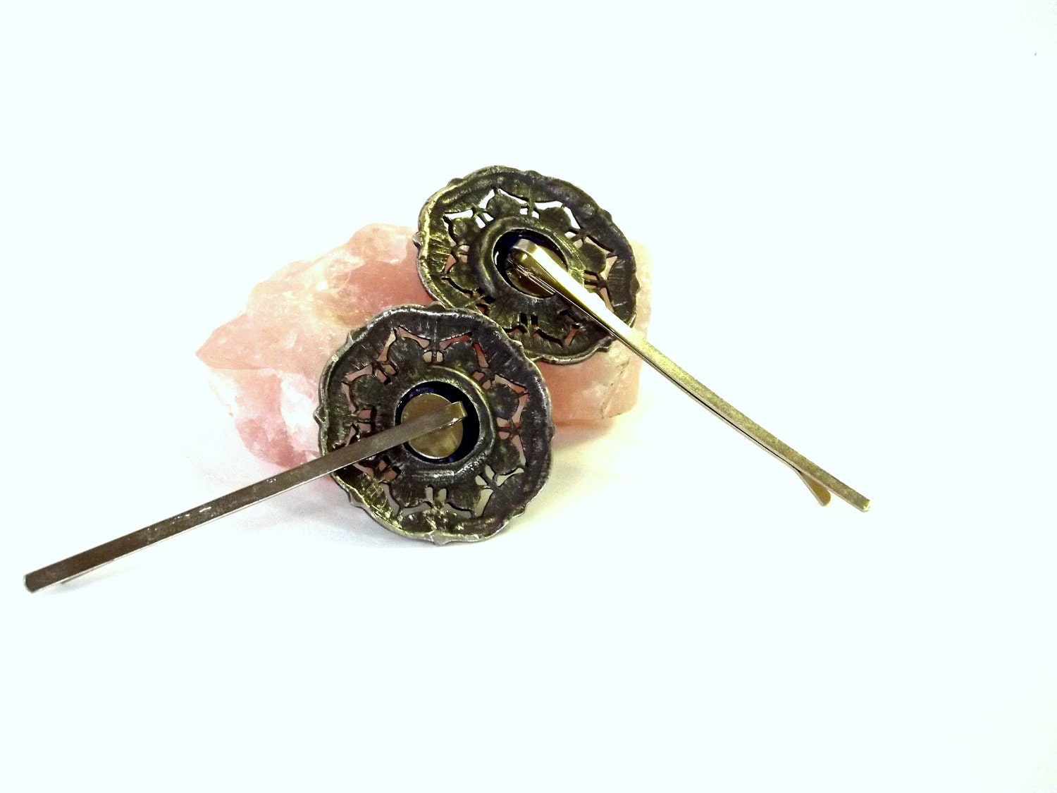 Filigree Bobby Pin Set, Blue Stone, Repurposed Vintage Earrings, Hair Jewelry, Unique Gift