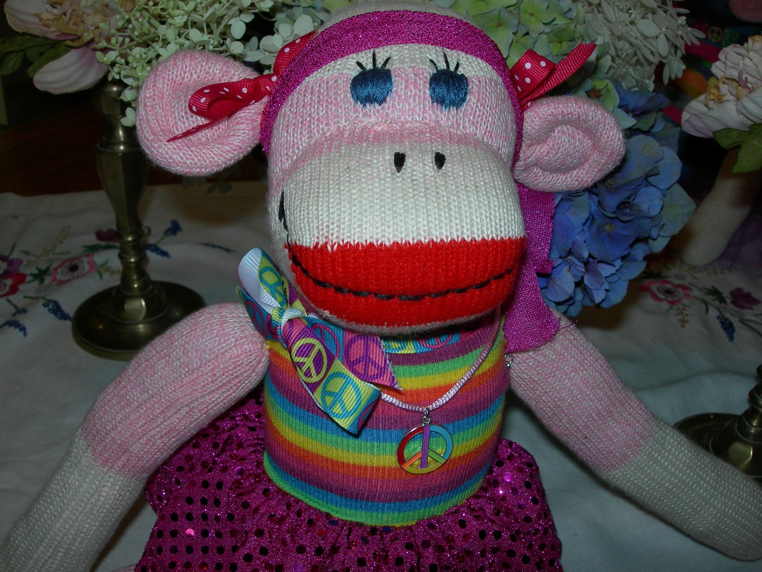 Classic Pink Red Heel Sock Monkey Doll/Funky Monkey Dancer With Glitter Skirt & Peace Sign