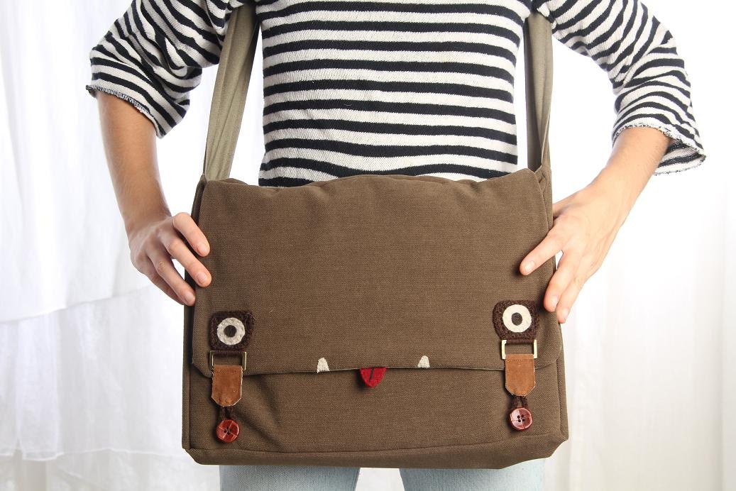 messenger bag with a face in brown with green laptop messenger bag FREE SHIPPING