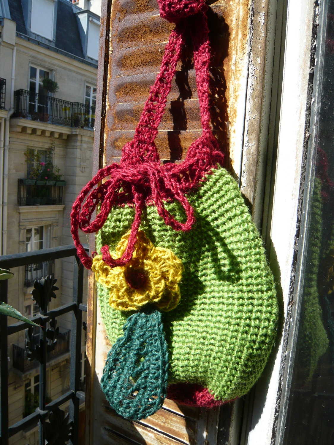 handmade crocheted jute twine bag,tote, colourful,yellow,green,red,with a flower and a leaf,Chiaia pattern