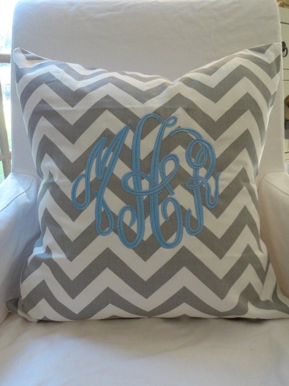 Custom Monogrammed Gray & White Chevron Throw Pillow Cover