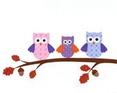 SALE - Wall art / print / poster of original collage for nursery or children room decor - illustration of owls family on oak tree branch