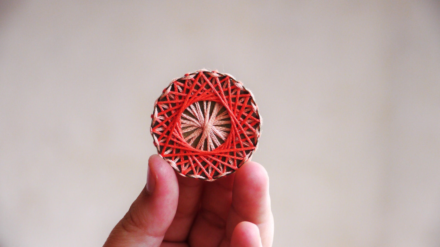 Geometric Brooch - salmon and orange - cotton thread