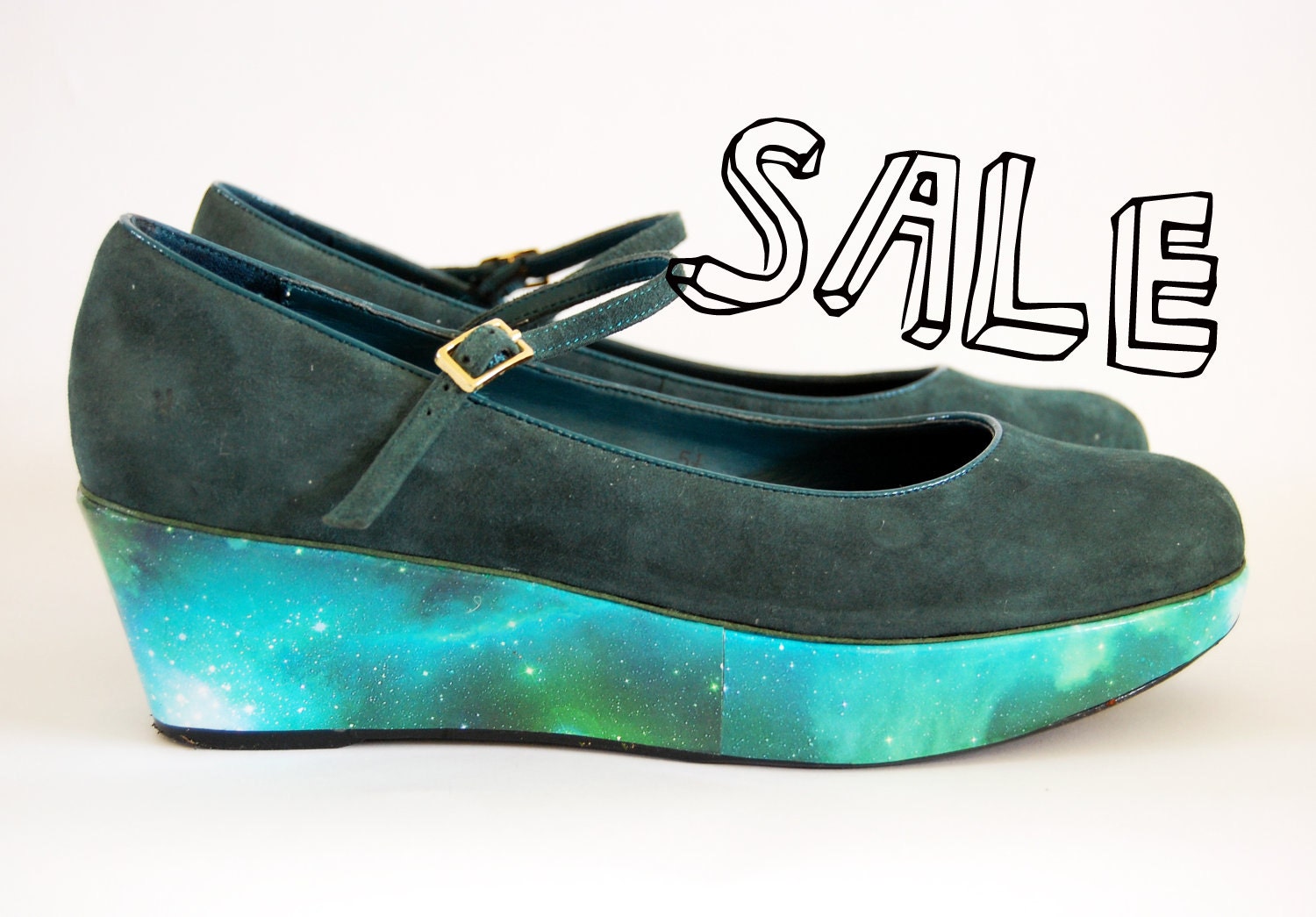 RESERVED MAY KASAHARA - vintage galaxy cosmic nebula print platform wedge shoe size uk 5/6