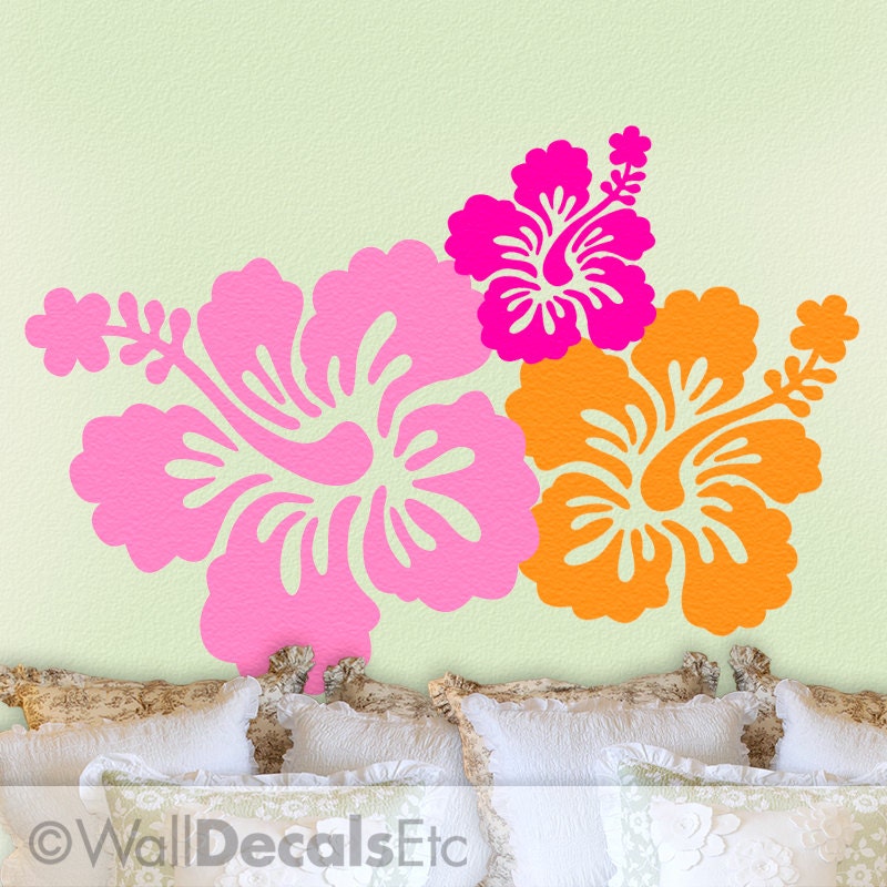 Hibiscus Decals, Set of 3 Hawaiian Tropical Flowers Vinyl Wall Decals, DIY Home Decor