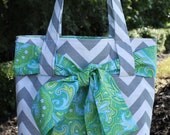 LARGE gray and white CHEVRON stripe zigzag Handbag/ Diaper Bag/ Purse/ Tote/ Beach Bag with Blue/Green Paisley Bow/Sash