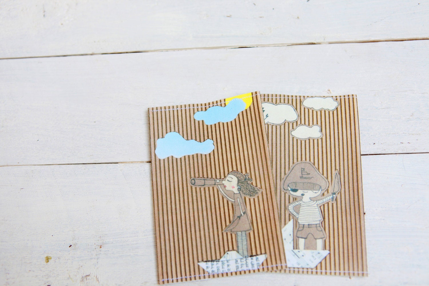 Passport Cover Case in Beige and White. Pirate girl and boy. Honeymoon gift.Travel in style.