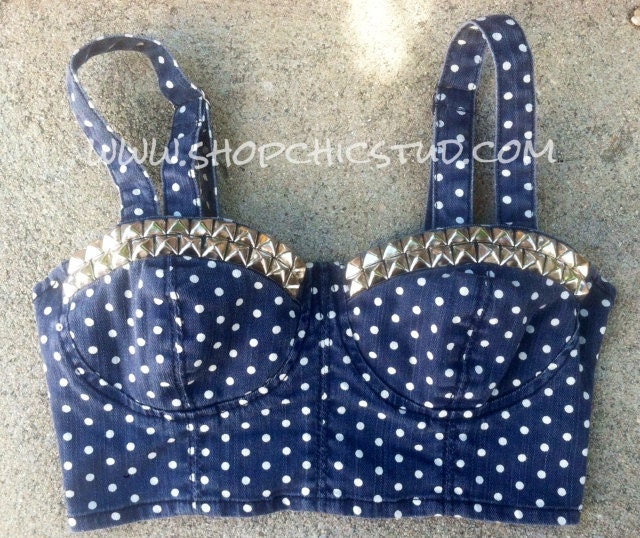 Studded Bustier Bra Top MEDIUM Denim Polka Dot