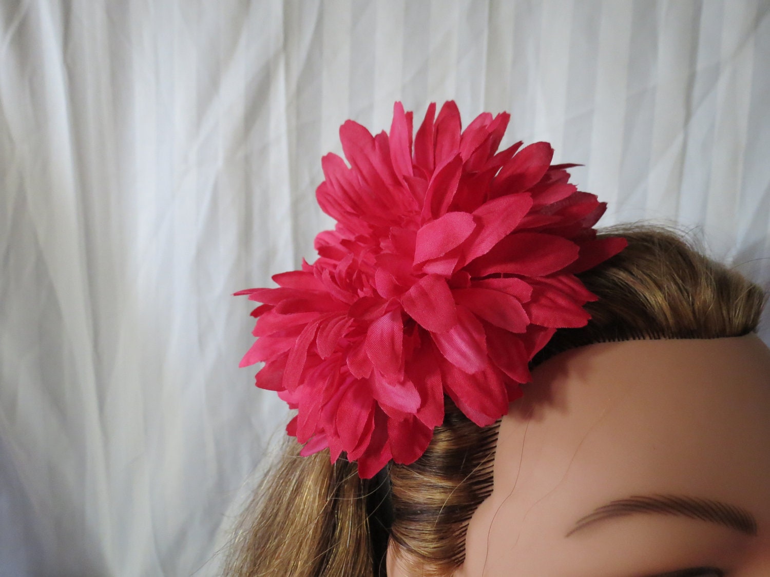 Hot Pink Silk Peony Flower W/ Clear Crystal Rhinestone Headband/Hair Clip/Brooch