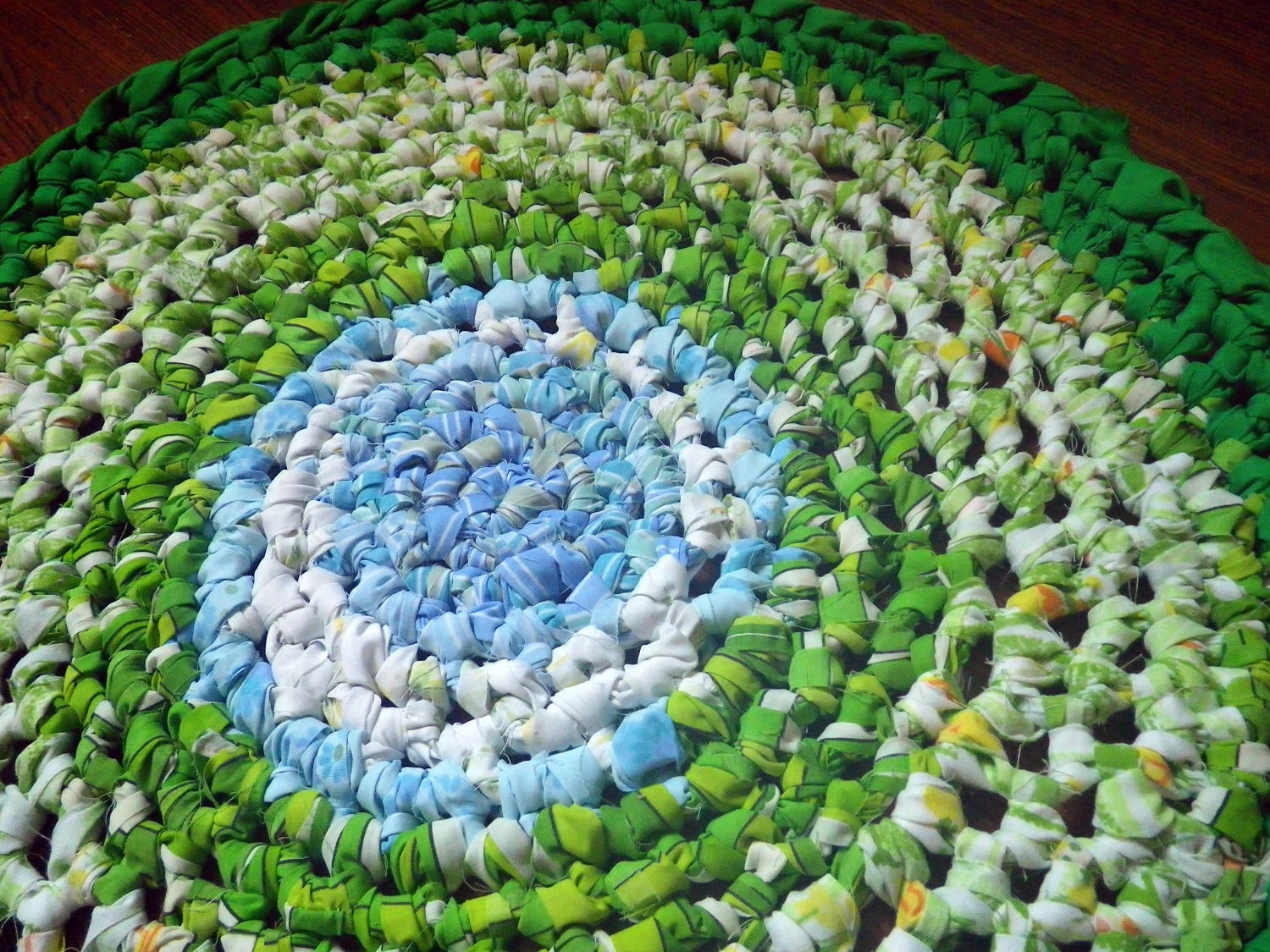 Crochet Rag Rug Emerald Green Grass and Blue Skies Cottage Chic Eco Friendly