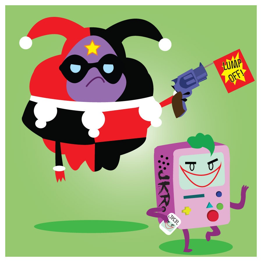 Adventure Time in Gotham City  Hero Squares - Original Artwork - Four 8.5" x 8.5" prints Finn & Jake Batman  LSP BMO Joker Harley Quinn