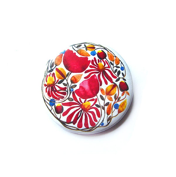 Flower Pin Mandala Brooch Leaves Watercolor Illustration Print Poppy Red Blue Brown Nature Silver Jewelry