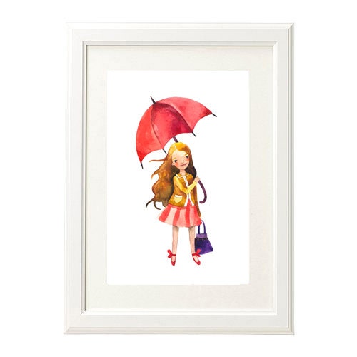Rainy Day Children Watercolor Print Illustration Girl Umbrella Autumn